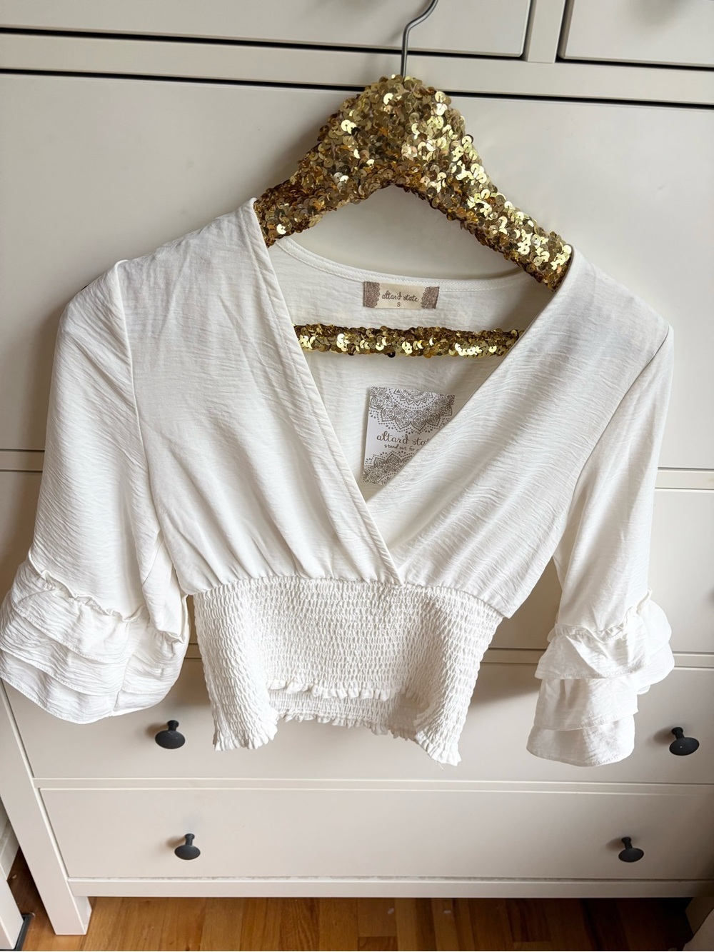 NWT Altar'd State Women's White Smocked Waist Blouse